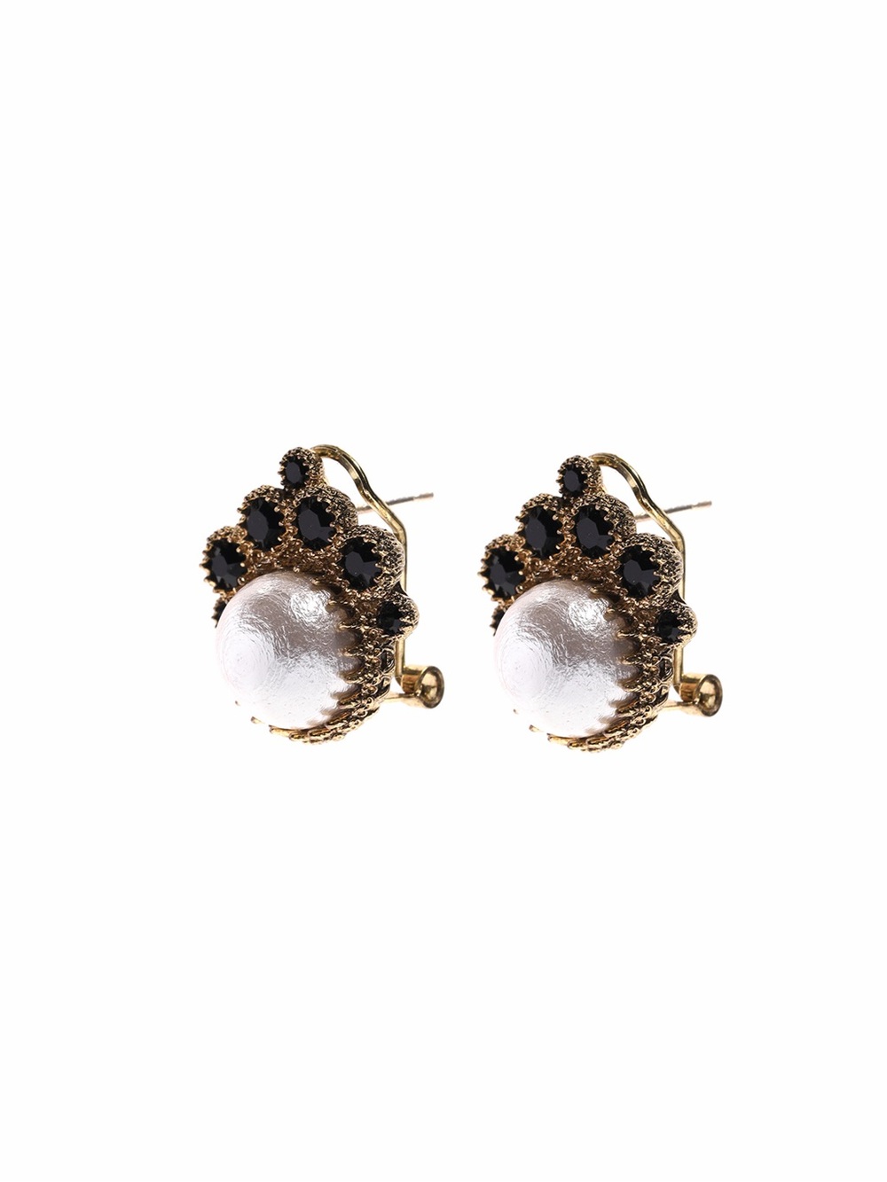 Gold Pearl and Black Crystal Clip-On Earrings